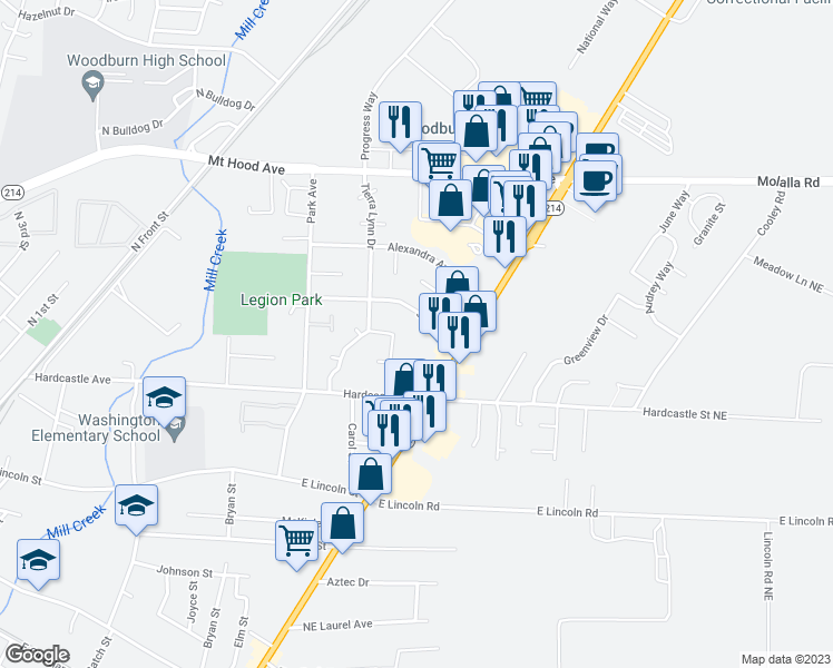 map of restaurants, bars, coffee shops, grocery stores, and more near 1574 James Street in Woodburn