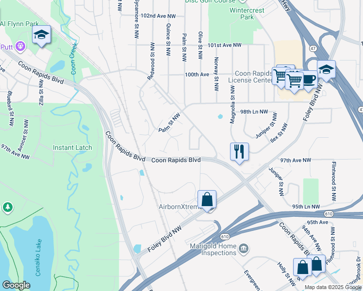 map of restaurants, bars, coffee shops, grocery stores, and more near 810 98th Avenue Northwest in Coon Rapids