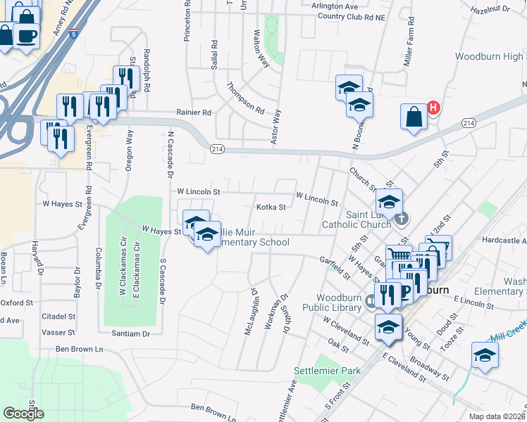 map of restaurants, bars, coffee shops, grocery stores, and more near 1256 Kotka Street in Woodburn
