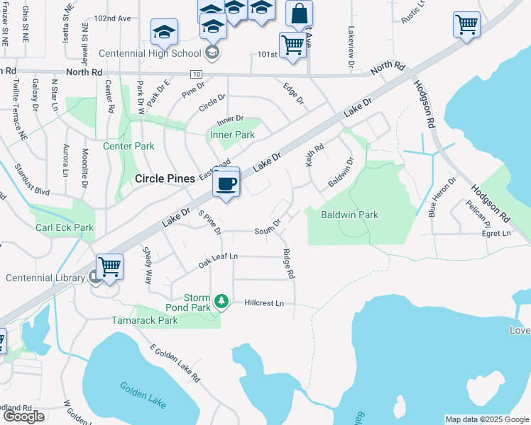 map of restaurants, bars, coffee shops, grocery stores, and more near 108A South Drive in Circle Pines