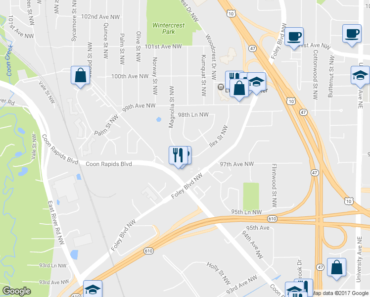 map of restaurants, bars, coffee shops, grocery stores, and more near 9755 Magnolia Street Northwest in Coon Rapids