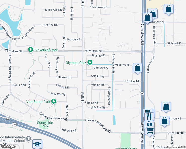 map of restaurants, bars, coffee shops, grocery stores, and more near 1049 97th Lane Northeast in Blaine