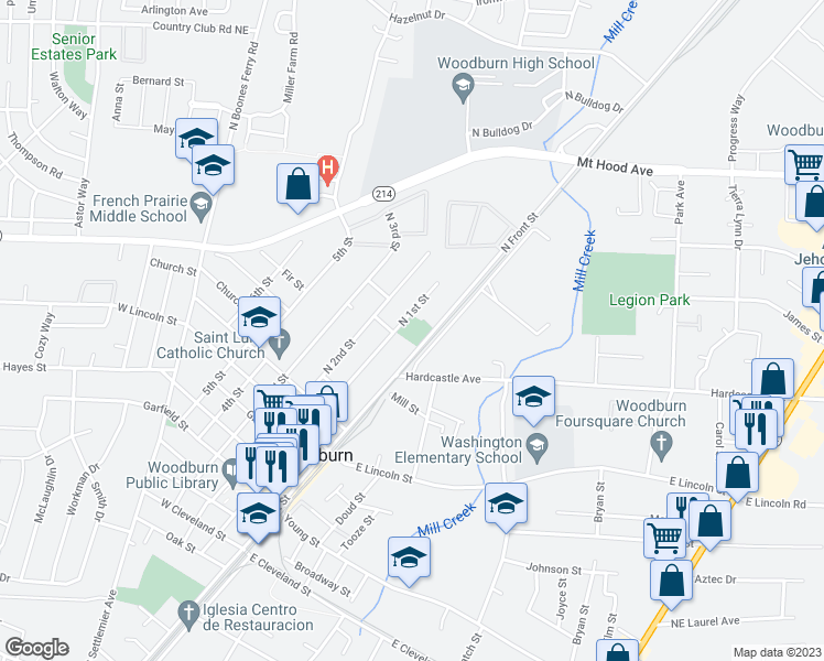 map of restaurants, bars, coffee shops, grocery stores, and more near 1080 North Front Street in Woodburn