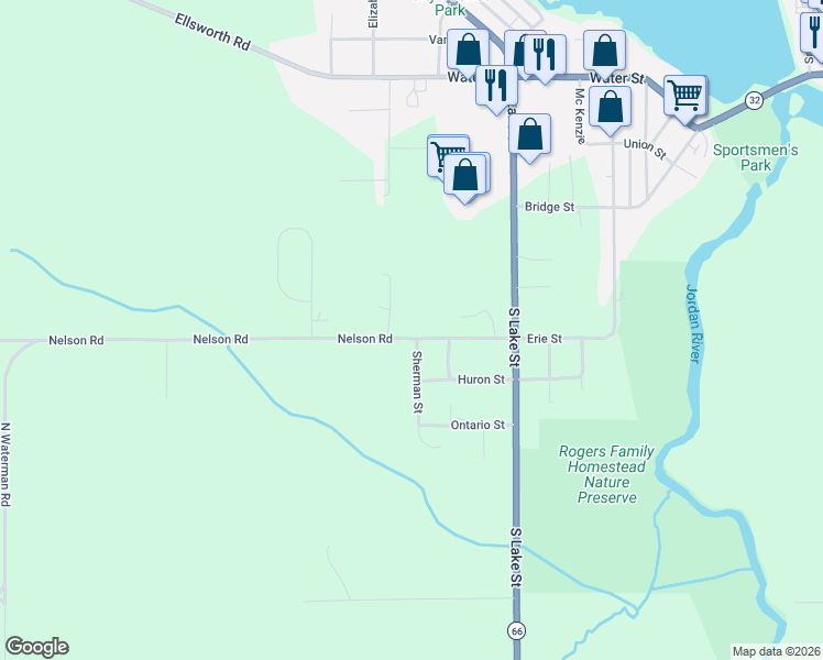 map of restaurants, bars, coffee shops, grocery stores, and more near 1088-1092 Nelson Road in East Jordan