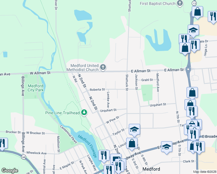 map of restaurants, bars, coffee shops, grocery stores, and more near 317 Roberta Street in Medford