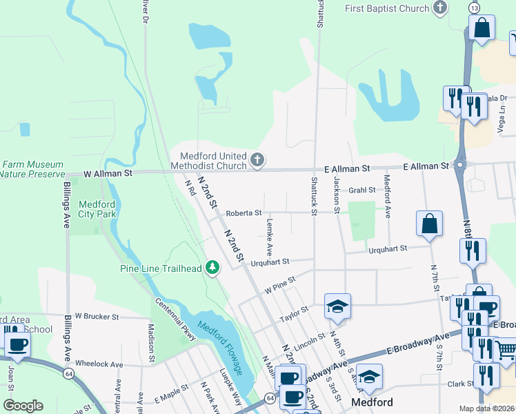 map of restaurants, bars, coffee shops, grocery stores, and more near 317 Roberta Street in Medford