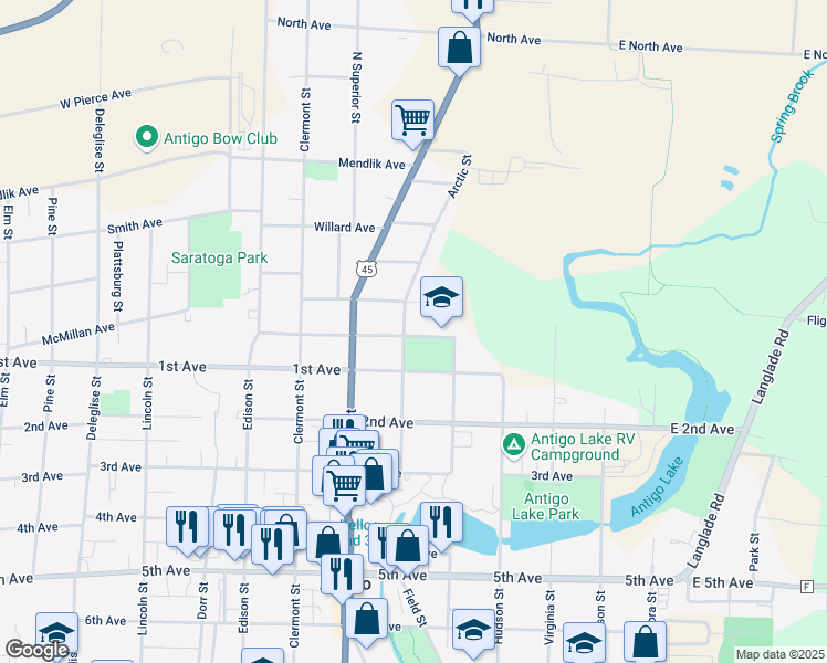 map of restaurants, bars, coffee shops, grocery stores, and more near 538 Graham Avenue in Antigo