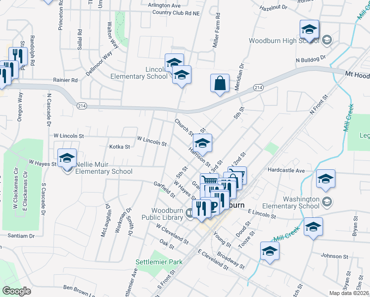 map of restaurants, bars, coffee shops, grocery stores, and more near 702 Harrison Street in Woodburn