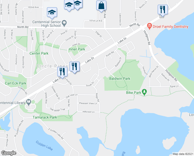 map of restaurants, bars, coffee shops, grocery stores, and more near 111 White Pine Circle in Lino Lakes