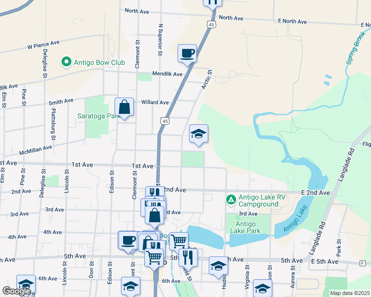 map of restaurants, bars, coffee shops, grocery stores, and more near 538 Graham Avenue in Antigo