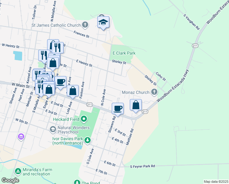 map of restaurants, bars, coffee shops, grocery stores, and more near 743 Garden Court in Molalla