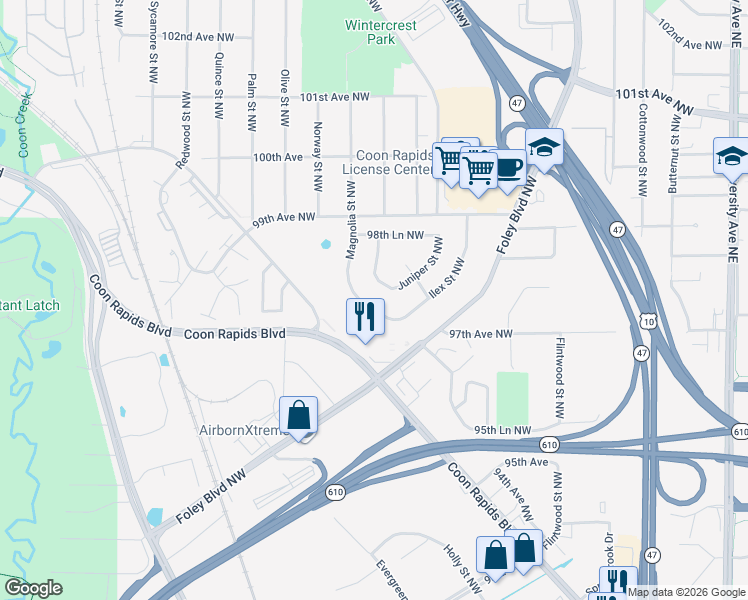 map of restaurants, bars, coffee shops, grocery stores, and more near 9755 Magnolia Street Northwest in Coon Rapids