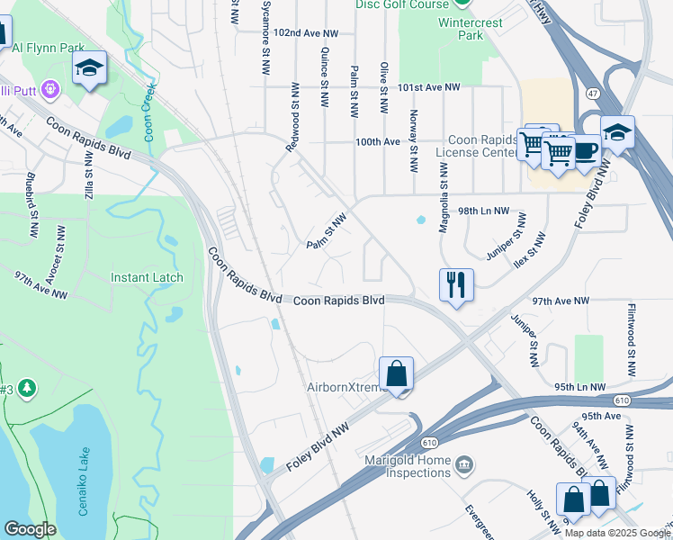 map of restaurants, bars, coffee shops, grocery stores, and more near 810 98th Avenue Northwest in Coon Rapids