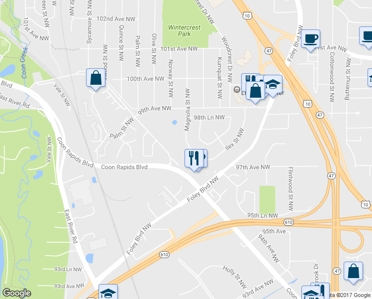 map of restaurants, bars, coffee shops, grocery stores, and more near 9780 Magnolia Street Northwest in Coon Rapids