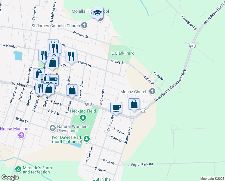map of restaurants, bars, coffee shops, grocery stores, and more near 743 Garden Court in Molalla