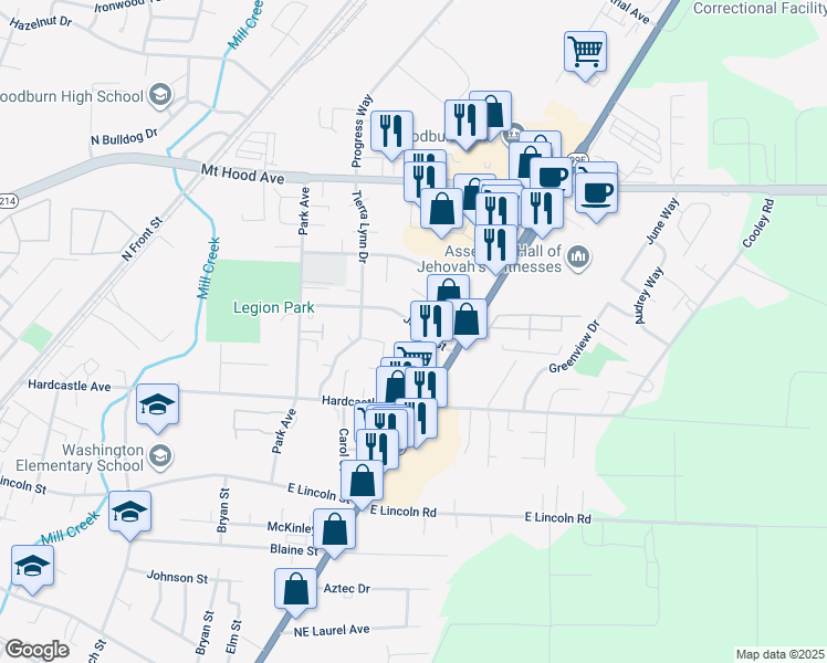 map of restaurants, bars, coffee shops, grocery stores, and more near 1570 James Street in Woodburn