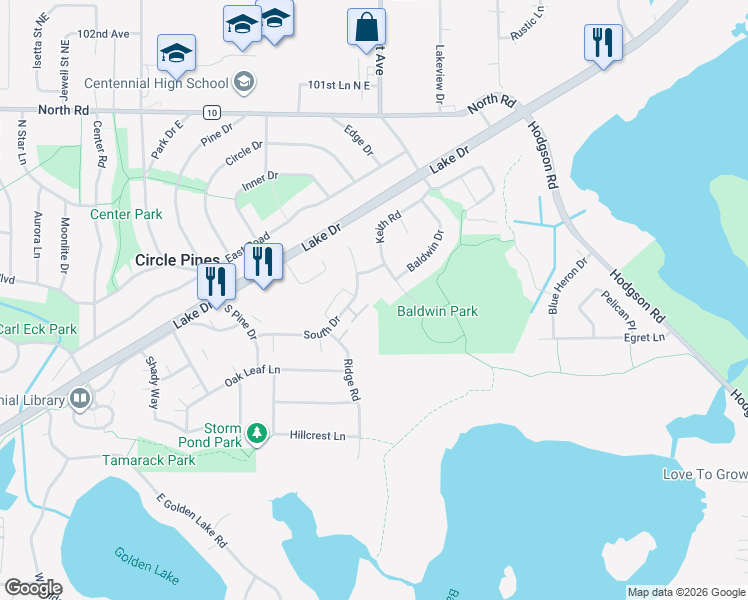 map of restaurants, bars, coffee shops, grocery stores, and more near 113A South Drive in Circle Pines