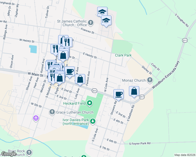 map of restaurants, bars, coffee shops, grocery stores, and more near 128 Finneys Avenue in Molalla