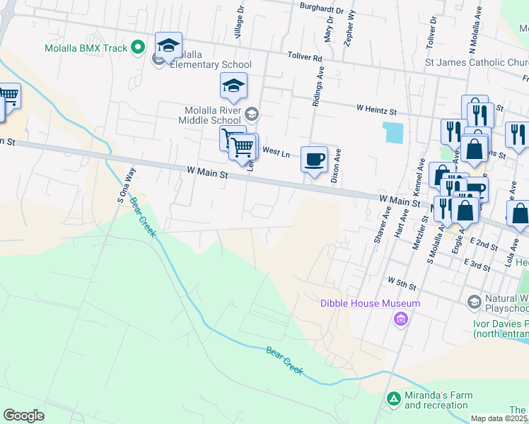 map of restaurants, bars, coffee shops, grocery stores, and more near 201 Leroy Avenue in Molalla