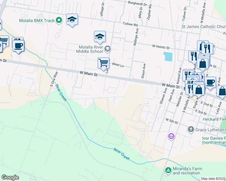map of restaurants, bars, coffee shops, grocery stores, and more near 13301-13593 South Lowe Road in Molalla