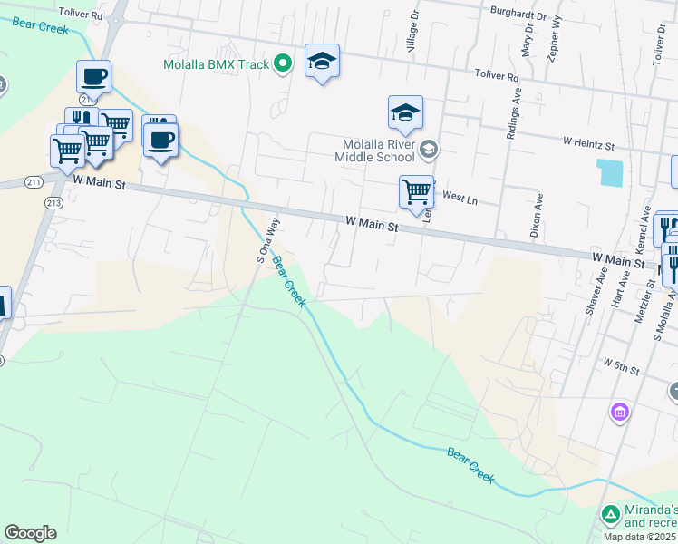 map of restaurants, bars, coffee shops, grocery stores, and more near 13301-13593 South Lowe Road in Molalla