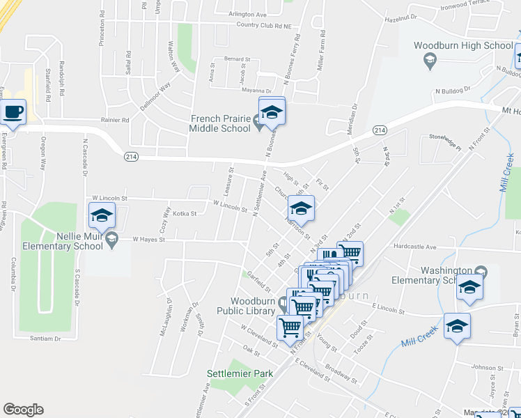 map of restaurants, bars, coffee shops, grocery stores, and more near 624 North Settlemier Avenue in Woodburn