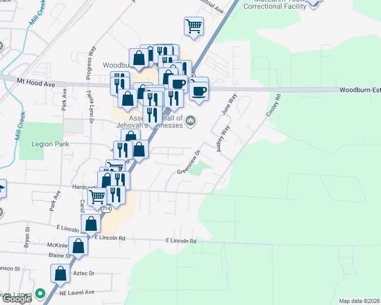 map of restaurants, bars, coffee shops, grocery stores, and more near 1340 North Pacific Highway in Woodburn