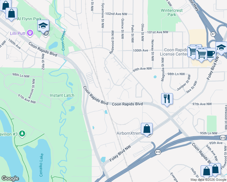 map of restaurants, bars, coffee shops, grocery stores, and more near 9787 Palm Street Northwest in Coon Rapids