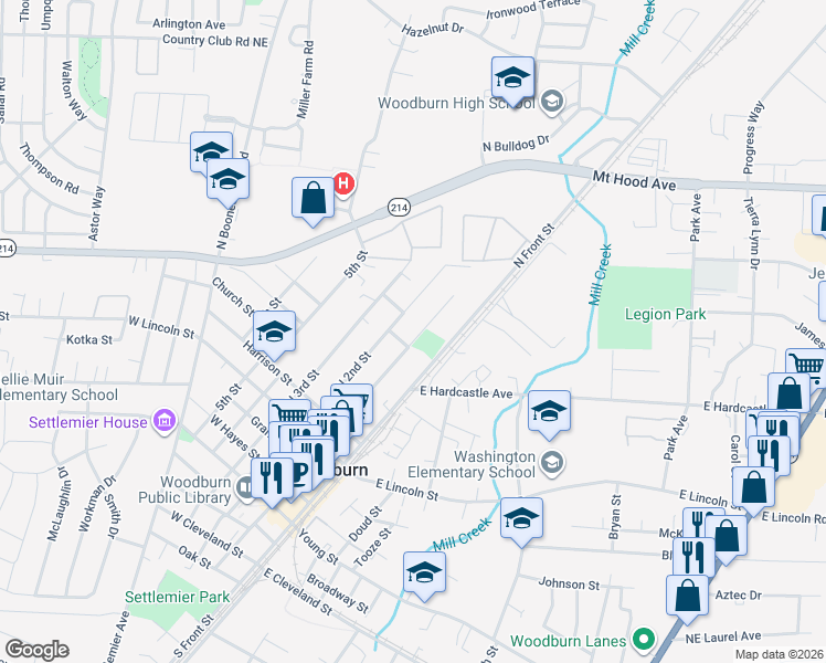 map of restaurants, bars, coffee shops, grocery stores, and more near 1080 North Front Street in Woodburn