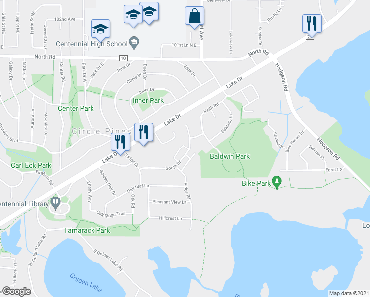 map of restaurants, bars, coffee shops, grocery stores, and more near 110A South Drive in Circle Pines