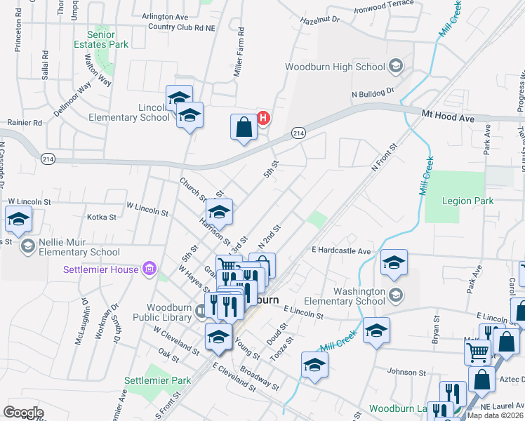 map of restaurants, bars, coffee shops, grocery stores, and more near 1025 N 3rd St in Woodburn