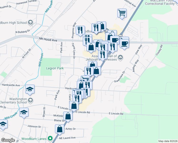 map of restaurants, bars, coffee shops, grocery stores, and more near 1650 James Street in Woodburn