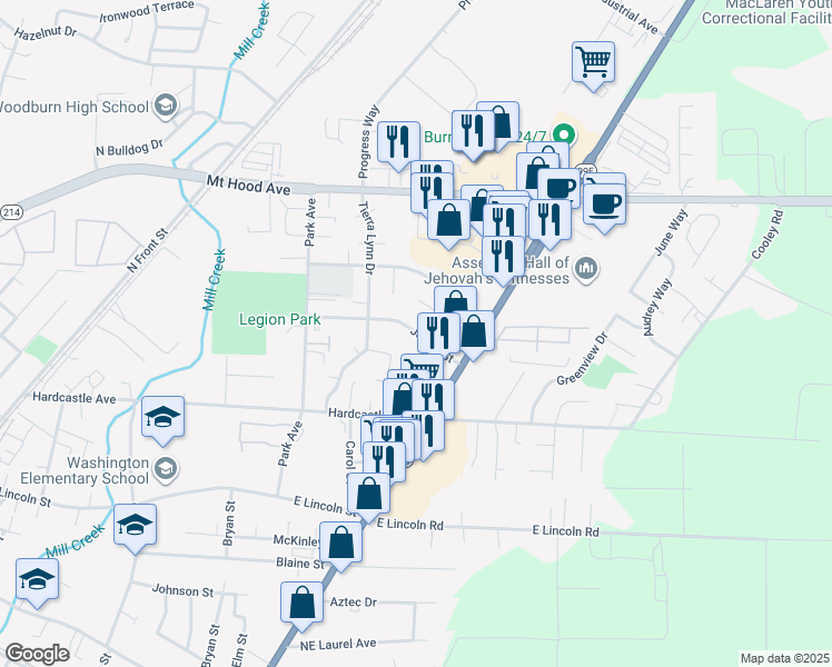 map of restaurants, bars, coffee shops, grocery stores, and more near 1650 James Street in Woodburn