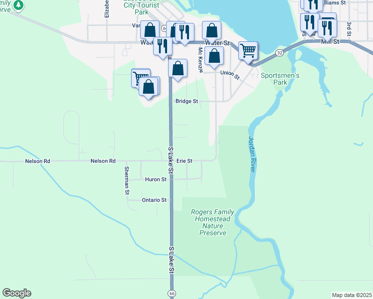 map of restaurants, bars, coffee shops, grocery stores, and more near 501 Barker Street in East Jordan