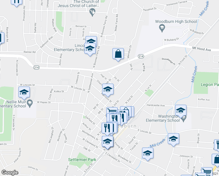 map of restaurants, bars, coffee shops, grocery stores, and more near 635 Church Street in Woodburn