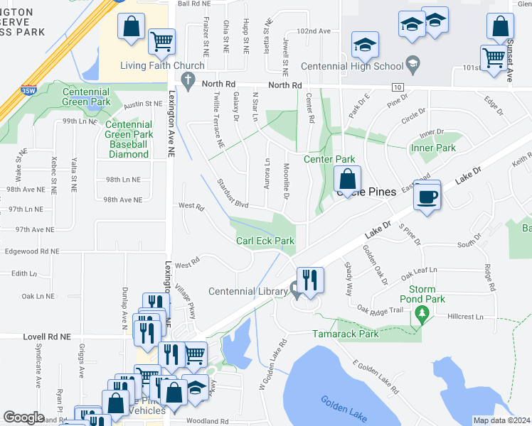 map of restaurants, bars, coffee shops, grocery stores, and more near 205 Stardust Boulevard in Circle Pines