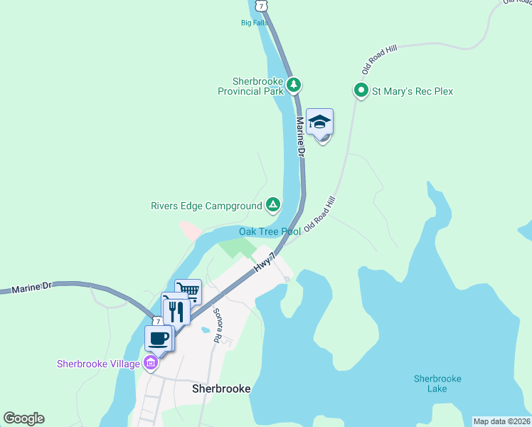 map of restaurants, bars, coffee shops, grocery stores, and more near 150 Hospital Road in Sherbrooke
