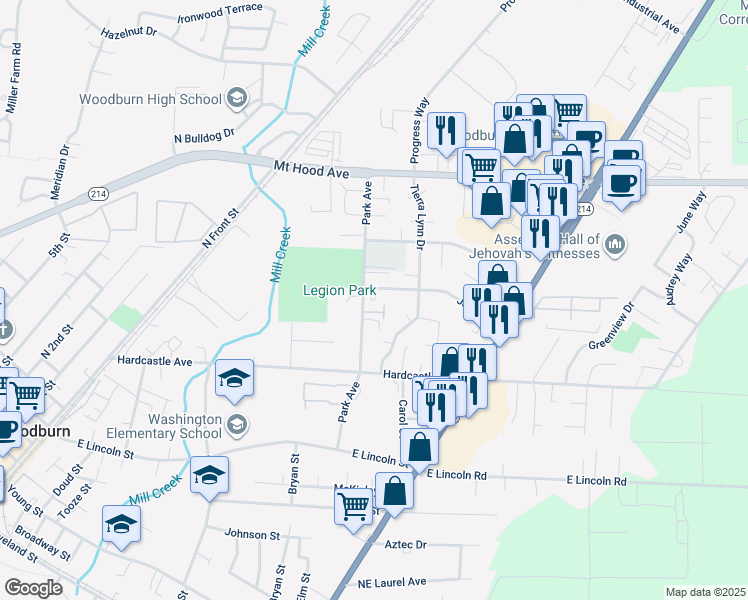 map of restaurants, bars, coffee shops, grocery stores, and more near 1220 Park Avenue in Woodburn