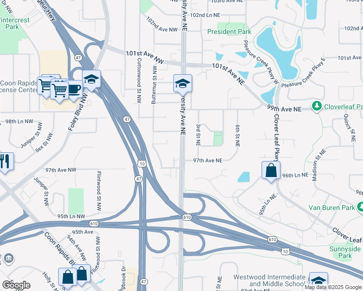 map of restaurants, bars, coffee shops, grocery stores, and more near 9720 University Avenue Northwest in Minneapolis