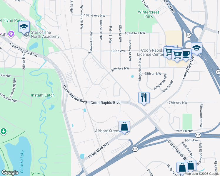 map of restaurants, bars, coffee shops, grocery stores, and more near 810 98th Avenue Northwest in Coon Rapids