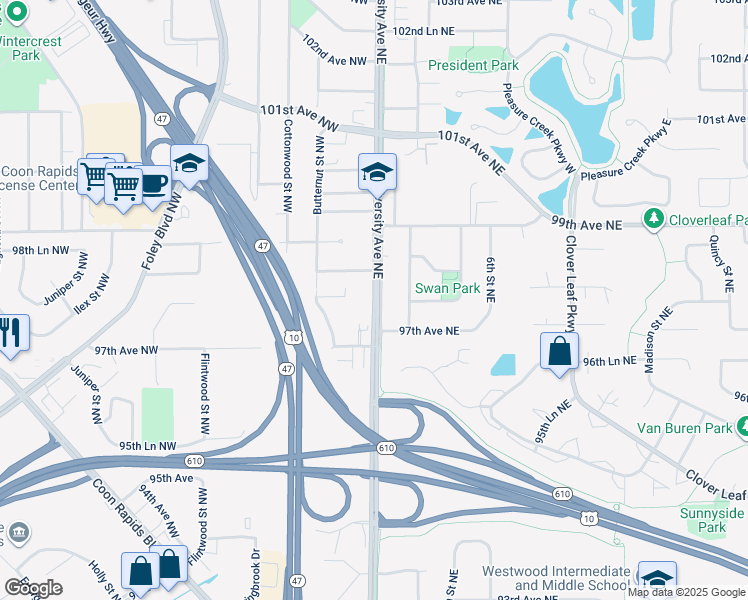 map of restaurants, bars, coffee shops, grocery stores, and more near 9720 University Avenue Northwest in Minneapolis