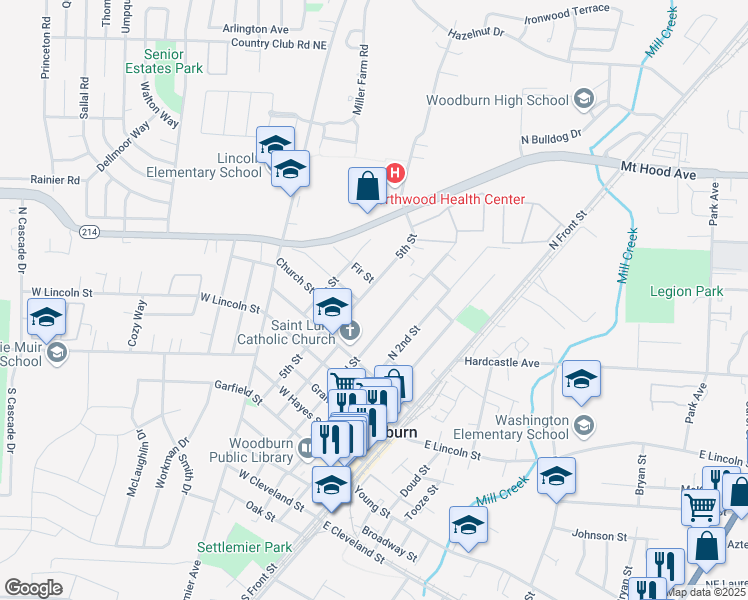 map of restaurants, bars, coffee shops, grocery stores, and more near 900 5th Street in Woodburn