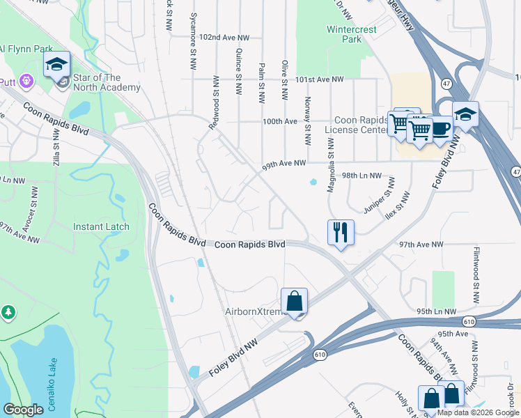 map of restaurants, bars, coffee shops, grocery stores, and more near 810 98th Avenue Northwest in Coon Rapids