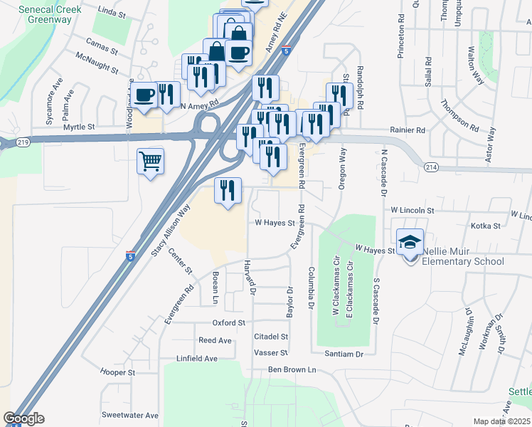map of restaurants, bars, coffee shops, grocery stores, and more near 2363 Barclay Square in Woodburn