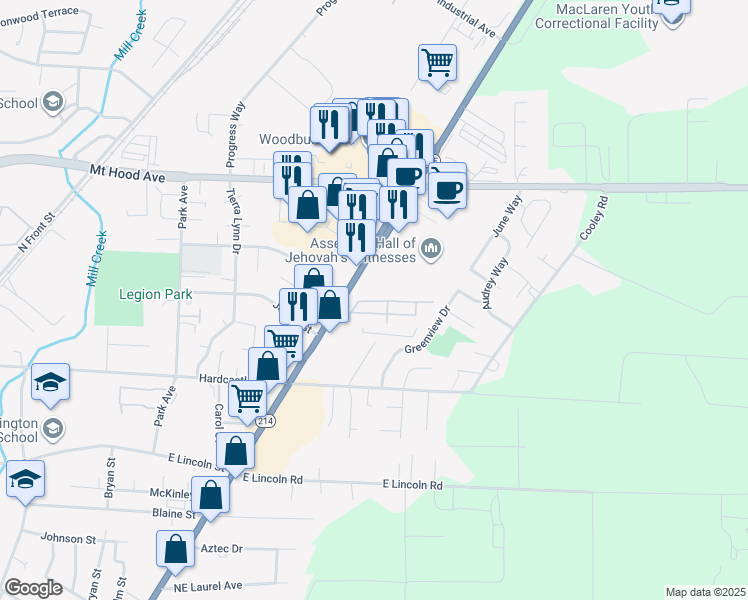map of restaurants, bars, coffee shops, grocery stores, and more near 1340-1390 N Pacific Hwy in Woodburn