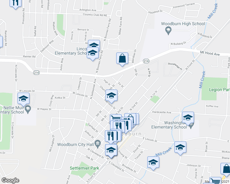 map of restaurants, bars, coffee shops, grocery stores, and more near 650 High Street in Woodburn