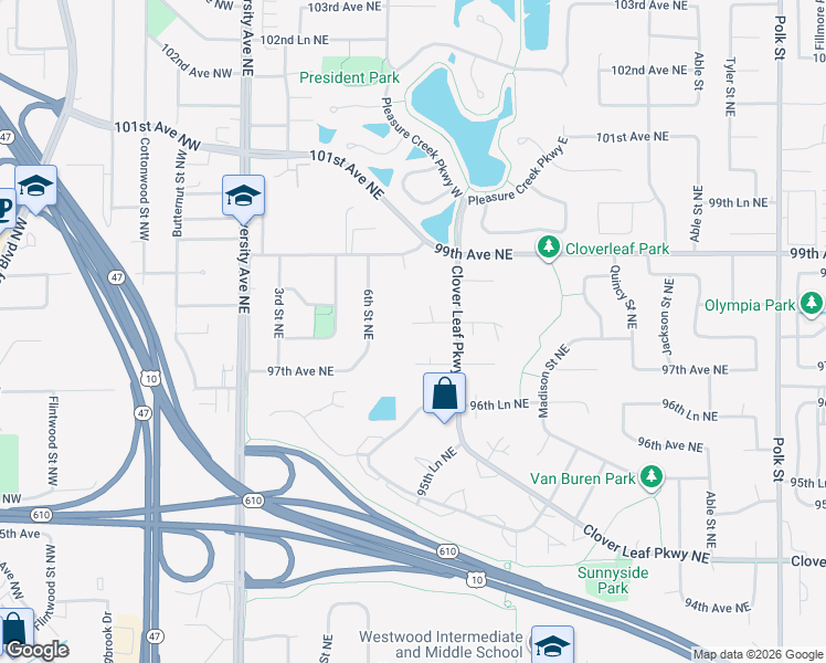 map of restaurants, bars, coffee shops, grocery stores, and more near 370 98th Avenue Northeast in Blaine