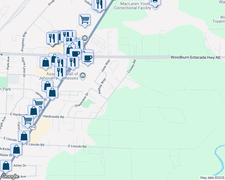 map of restaurants, bars, coffee shops, grocery stores, and more near 1515 Barn Street in Woodburn