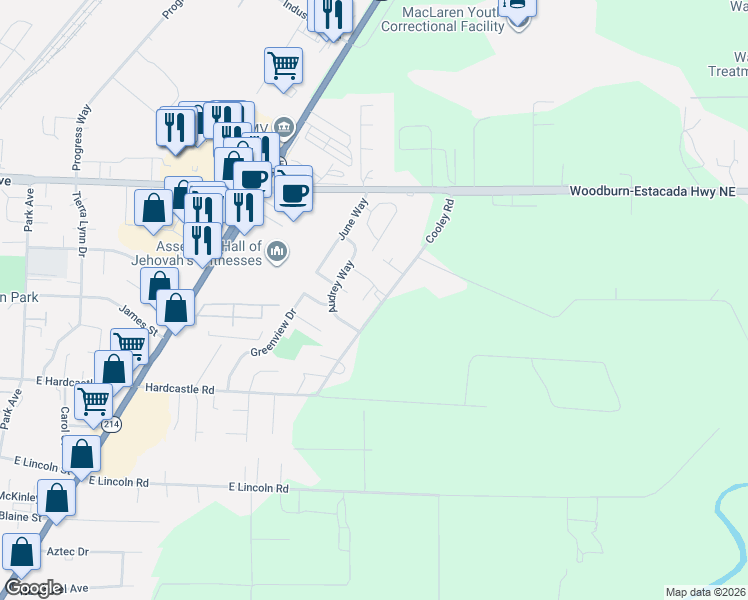 map of restaurants, bars, coffee shops, grocery stores, and more near 1515 Barn Street in Woodburn