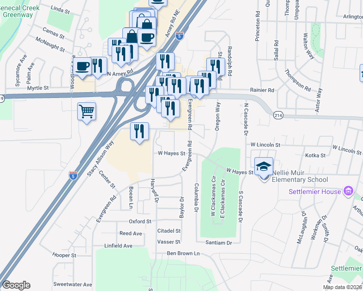 map of restaurants, bars, coffee shops, grocery stores, and more near 703 Evergreen Road in Woodburn